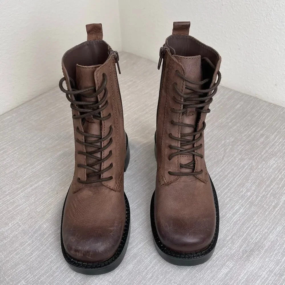 ZARA Women Brown Distressed Combat Boots Lace Up Lug Sole Size 34